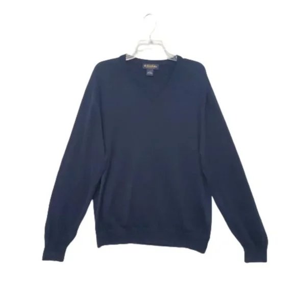 BROOKS BROTHERS Mens L Navy Blue Pullover Sweater V Neck Silk Blend - Picture 1 of 8